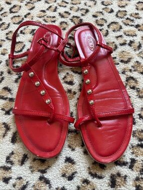 Tod's Red Leather Studded T-Strap Sandals with Ankle Strap